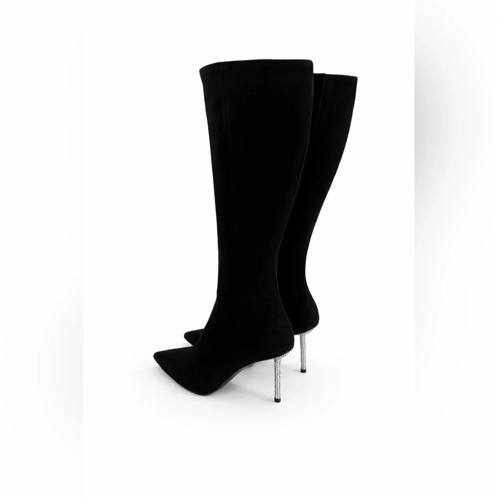 Diane B. Sophisticated Black Suede Knee-High Stiletto Boots with Rhinestone Heel - Picture 2 of 16
